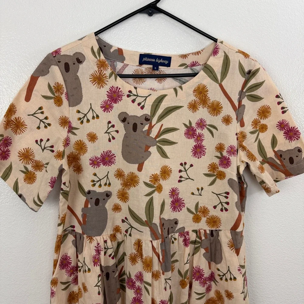 Princess Highway Linen Dress Womens 8 Peach Koala Floral Print Short Sleeve Boho - Picture 2 of 10